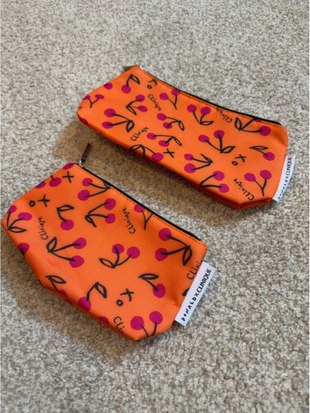 Donald Robertson x Clinique Cherry Print Cosmetic Bag Lot of 2 Orange Pink New